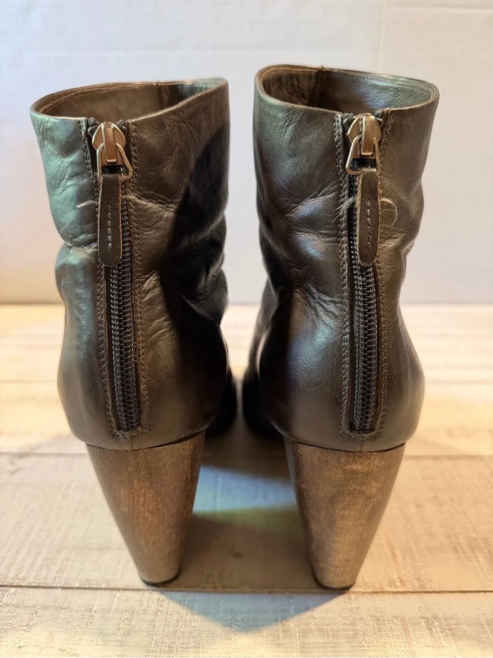 Coclico Brown Leather Slouch Ankle Boots Wood Block Heel EU 39.5 Distressed
